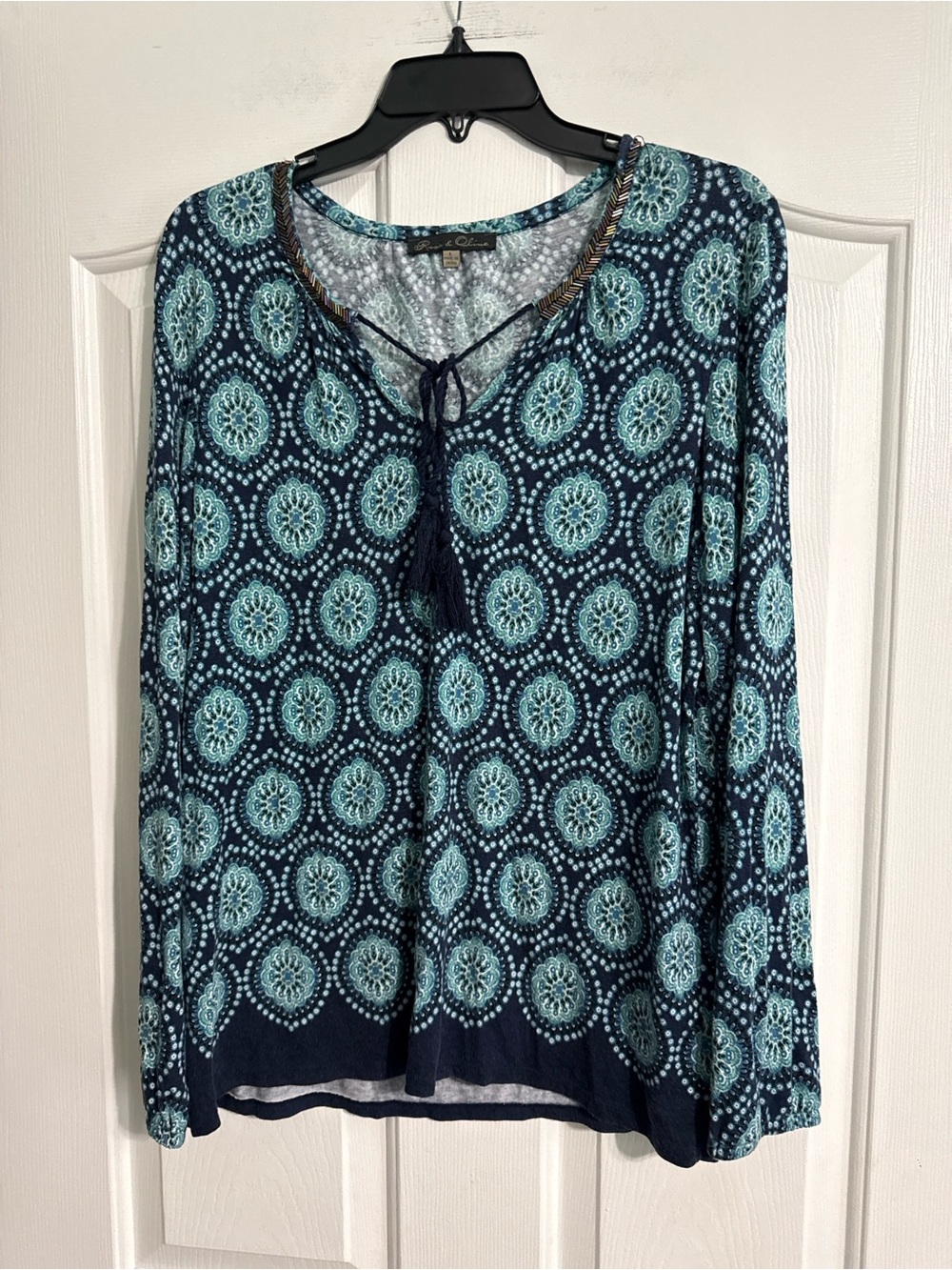 Rose & Olive Navy and Aqua Medallion Tie-Front Tunic